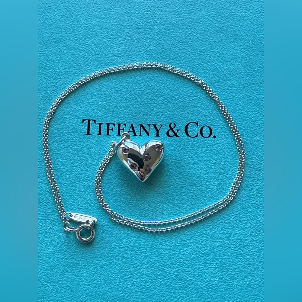 Tiffany&Co. Etoile Pink Sapphire Puffy 925 Heart Pendant Necklace 16"